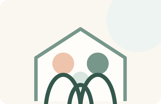 Family figures surrounded by home and heart symbols